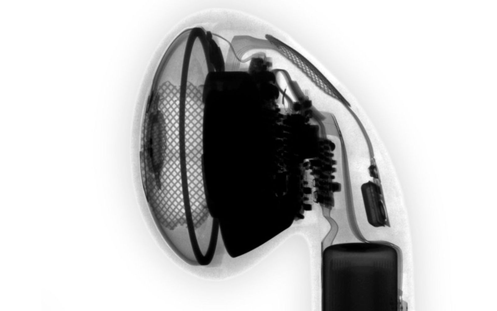 Interior de AirPods abertos mostrando componentes compactos