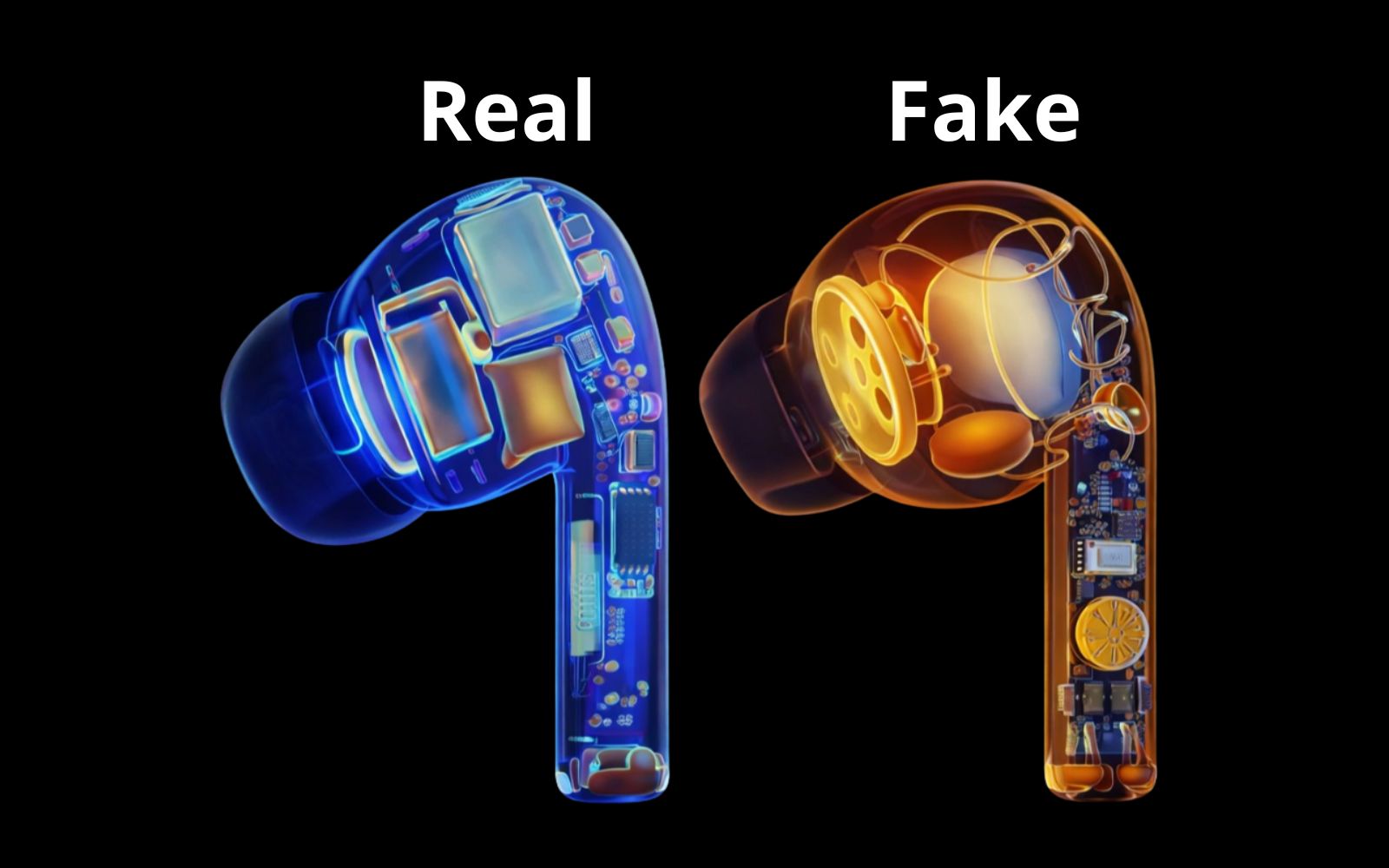 Comparação técnica entre AirPods originais Apple e AirPods falsificados